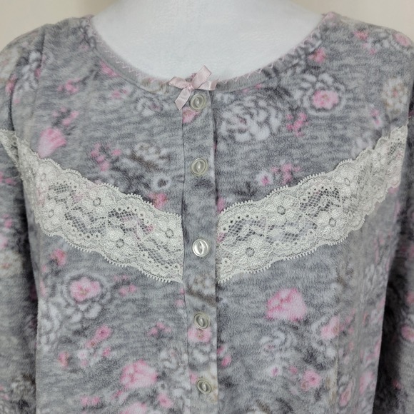 Laura Ashley Nightgown Women XL Gray Floral Lace Trim Cottagecore Sleepwear Cozy - Picture 3 of 8